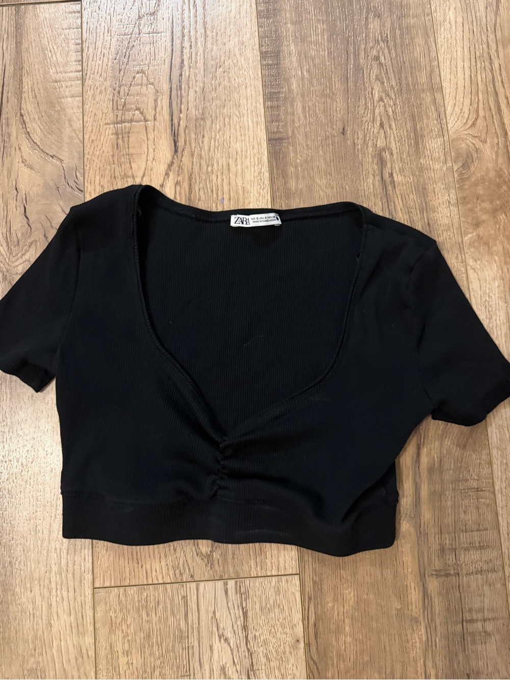 ZARA Black Ribbed Ruched Scoop Crop Top